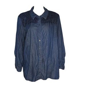 CJ BANKS Solid Blue Tab Sleeve Button Down Crochet Detail Shirt Womens Plus 3X